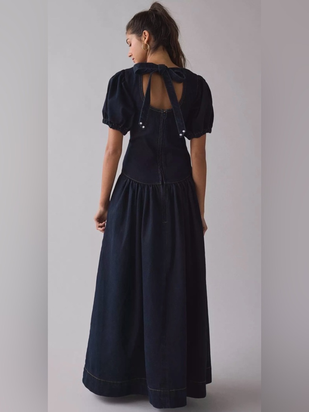 Daisy Street Annie Drop Waist Bow-Back Denim Maxi Dress - Indigo - US M/UK 10 - Picture 2 of 8
